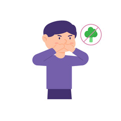 a boy who covers his mouth with both hands because he doesn't want to eat vegetables. don't like to eat vegetables, it's hard to eat. flat style. vector design illustration