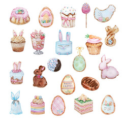 Set of watercolor Easter sweets, baking. Easter cakes, cupcakes