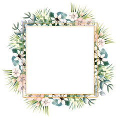 Square gold frame with small flowers of actinidia, bouvardia, tropical and palm leaves. Wedding bouquet in a frame for the design of a stylish invitation. Watercolour illustration