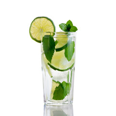 Fresh homemade mojito cocktail in a tall glass with lime, mint and ice isolated on white background