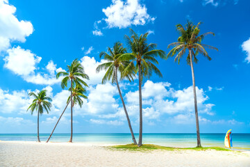 Obraz na płótnie Canvas Tropical beach on a sunny day with coconut trees facing the sea in Phu Quoc Island, Vietnam