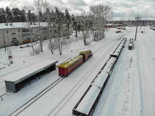 Aerial view of the narrow gauge railway station in winter (Karintorf, Russia)