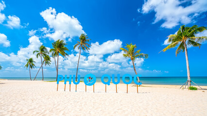 Tropical beach on a sunny day with coconut trees facing the sea in Phu Quoc Island, Vietnam © huythoai