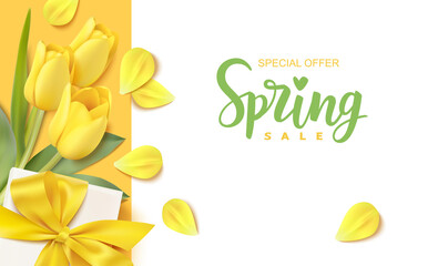 Spring sale design template. Calligraphic lettering text with decorative gift box and yellow tulip flower. Vector stock illustration. - 422449801