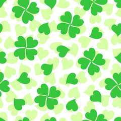 Green Clover leaves and hearts seamless pattern. St. Patrick's Day.