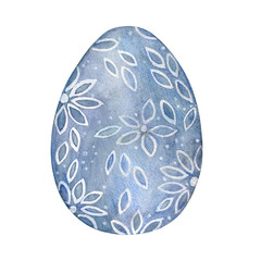 Watercolor illustration of a blue isolated Easter egg with botanical design. Hand drawn