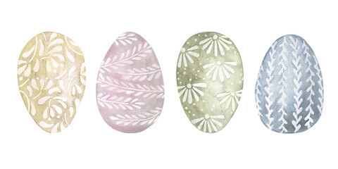 Set of pastel colored Easter eggs. Watercolor illustration of vintage Easter eggs with botanical design.