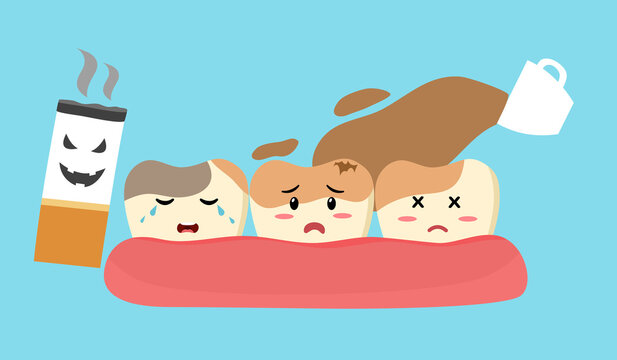 Cute cartoon tooth decay character feel bad with coffee and cigarette in flat design. Damaged and dirty teeth with bad breath.