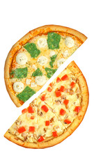 Pizza, two halves isolated on a white background. Versus concept. Appetizing pizza.