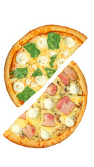 Pizza, two halves isolated on a white background. Versus concept. Appetizing pizza.