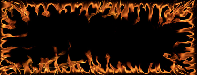 Abstract square of blaze fire flame texture for banner background.Texture of fire flames  on a black background. Real fiery bonfire for creative design elements