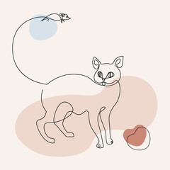 Modern One line drawing cat and mouse with abstract shapes isolated on white background. Hand drawn continuous line art vector illustration for prints, cards or invitations. Abstract cat and mouse