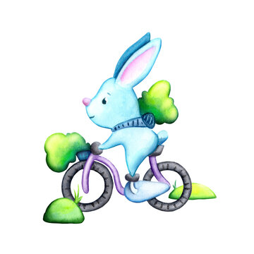 recommend clip art: Cute rabbit cycling watercolor illustration. Watercolor Easter scene for kids print. Spring season scenery with cute bunny riding bicycle. Nursery poster. Easter seasonal greetings card