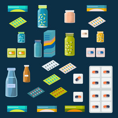 Blister packaging of tablets and capsules, bottles. A set of medicines. Pain relievers, antibiotics, vitamins and aspirin in the pharmacy. Isolated medicines. Vector