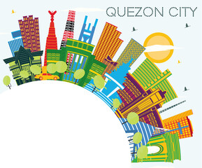 Quezon City Philippines City Skyline with Color Buildings, Blue Sky and Copy Space.