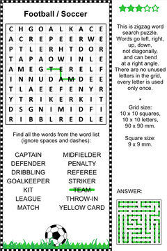 Football (soccer) themed zigzag word search puzzle (suitable both for kids and adults). Answer included.
