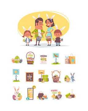 cute family in rabbit ears holding baskets with eggs happy easter spring holiday celebration