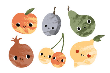 Happy cute fruit character with smiling face. Funny kawaii fruits: apple, plum, pear, lemon, cherry, pomegranate. Vector flat cartoon illustration
