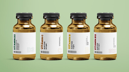 Vitamin injection vial glass bottles on green background - obrazy, fototapety, plakaty