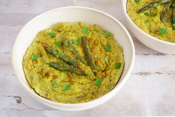 Close-up of a vegetarian flan with asparagus and tofu
