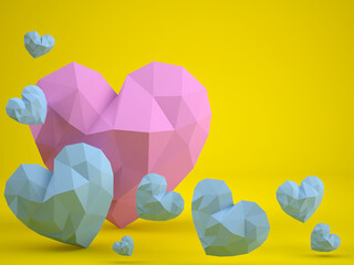 blue and pink polygonal hearts on a yellow background.3d render