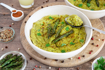 Close-up of a vegetarian flan with asparagus and tofu
