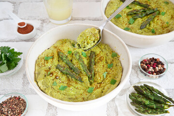 Close-up of a vegetarian flan with asparagus and tofu
