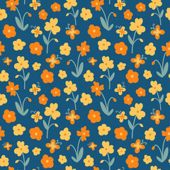 Digital orange and yellow floral pattern in flat style. Flowers and butterflies cute seamless print on blue background for textile, fabric, wallpaper, wrapping, scrapbooking, design and decoration.