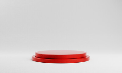 Red round cylinder product showcase on white background. Abstract minimal geometry concept. Studio podium platform. Exhibition presentation stage. 3D illustration render graphic design