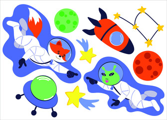 Cute fox astronaut in outer space. Cartoon illustration. 
Print for T-shirts and sweaters. Rocket, constellation and moon. Humor postcard.  Funny fox cosmonaut. Friendship of an astronaut and an alien