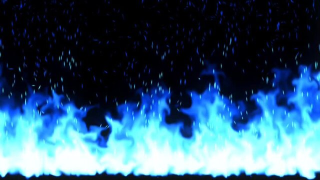 Computerized animation of continuous blue flame of fire burning, isolated on black background. Motion graphics.