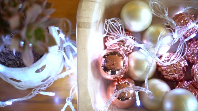 Christmas Table Decorations with Lights, Slow panning overhead shot, left to right
