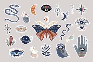 Mystical boho stickers collection, esoteric signs and symbols, modern design