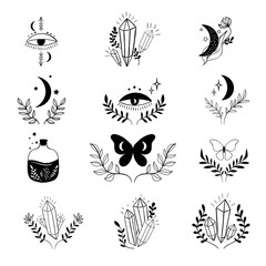 Mystical boho tattoo collection, esoteric signs and symbols, modern design