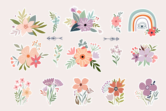 Floral stickers collection with decorative flowers arrangement and rainbow, boho design
