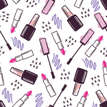 Hand drawn seamless pattern of makeup beauty cosmetic elements, mascara, cream bottle, nail product, brush. Doodle sketch style. Makeup element illustration for wallpaper, background, textile.
