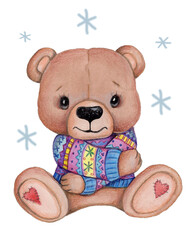 Watercolor llustration of cute toy animal, cartoon character teddy bear in warm winter sweater. Hand drawn sketch, isolated on white background.