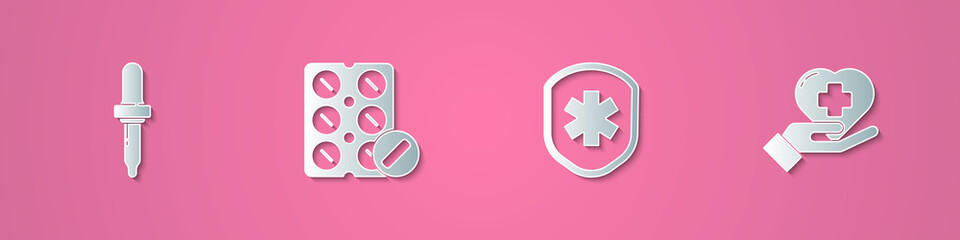 Set paper cut Pipette, Pills in blister pack, Medical shield with cross and Heart icon. Paper art style. Vector