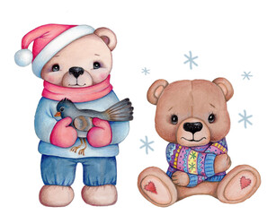 Watercolor llustration of cute toy animal, cartoon characters teddy bears in winter. Hand drawn sketch, isolated on white background.