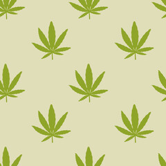 Hemp or green cannabis leaves seamless vector pattern. Natural remedy, marijuana for medical design in pastel organic colors. Background for medical article on CBD oil. Vector flat