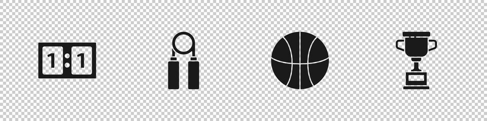 Set Sport mechanical scoreboard, expander, Basketball ball and Award cup icon. Vector