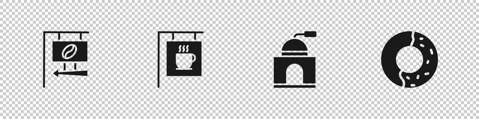 Set Street signboard coffee, , Manual grinder and Donut with sweet glaze icon. Vector