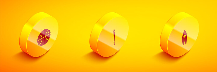 Set Isometric Basketball ball, Baseball bat and Surfboard icon. Vector