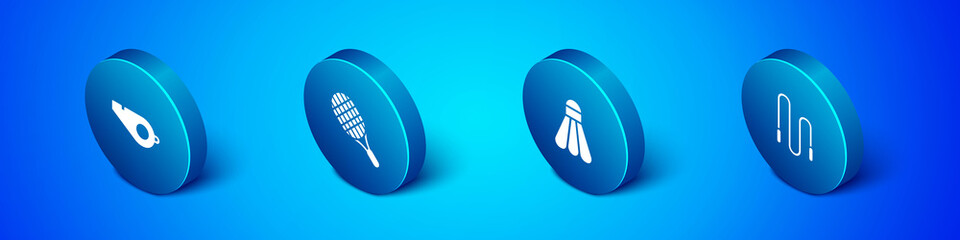 Set Isometric Whistle, Badminton shuttlecock, Jump rope and Tennis racket icon. Vector