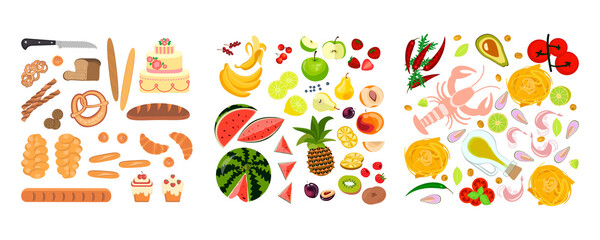 Square compositions with colorful different food set