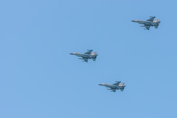 Three military aircraft in the sky in Tel Aviv. Independence Day in Israel, a national holiday. Israel Air Force show