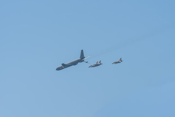 Military airplanes. Independence Day in Israel, a national holiday. Israel Air Force parade in the sky