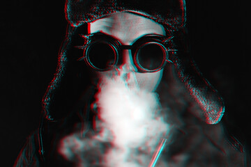 futuristic cyberpunk portrait of a man smoking a shisha hookah and blowing a cloud of smoke