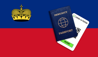 Immunity passport and test result for COVID-19 on flag of .liechtenstein