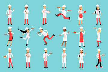 Man and Woman Chef Wearing White Hat and Buttoned Cook Jacket Vector Illustration Set